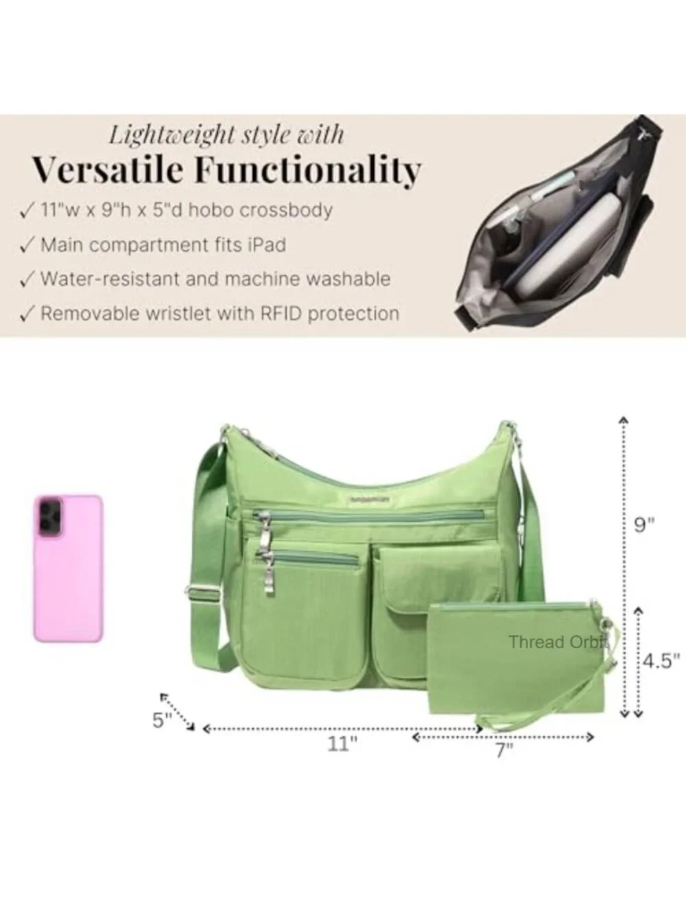 Large Crossbody Hobo Bag Water-Resistant Nylon RFID Wristlet
